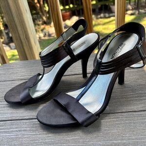 Kenneth Cole Reaction Black Satin Strappy Heels Slingback Stilettos Sandals 8.5